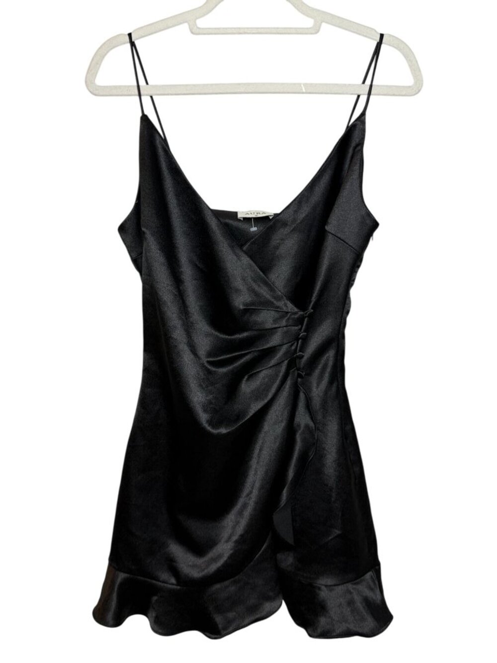 Aura Black Satin Ruched Wrap Ruffle Mini Dress Size Small